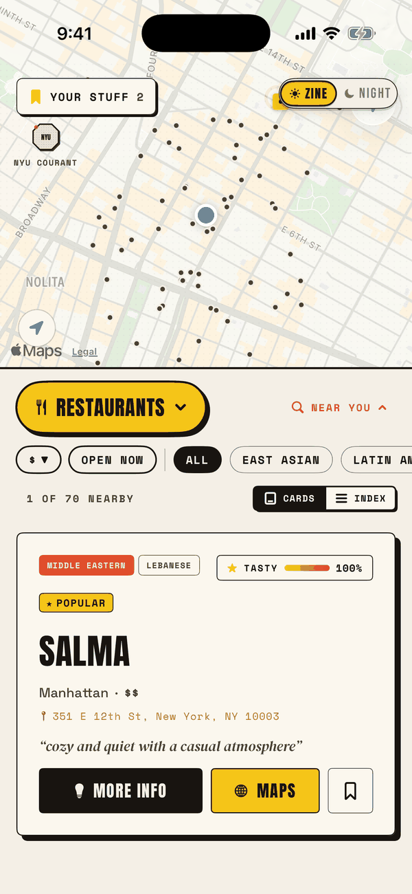 The NYC Eats app showing a map of Manhattan dotted with restaurant pins, above a card for Salma, a Middle Eastern place, with its Tasty score and a line from a review.