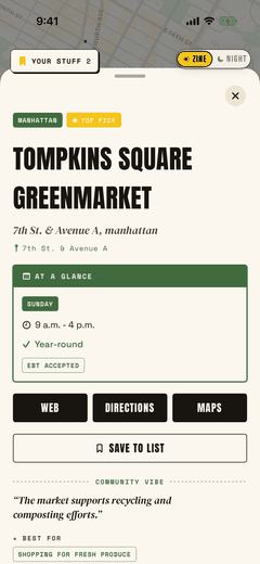 A market's detail sheet showing its day, opening hours, a year-round mark and an EBT accepted badge.