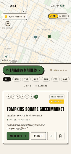 The farmers markets screen: an East Village map with market pins and a card for Tompkins Square Greenmarket, marked year-round.